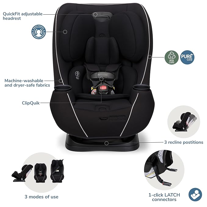 Maxi-Cosi Pria Max 3-in-1 Convertible Car Seat, Infant to Toddler Car Seat, ClipQuick Magnetic Chest Clip, Quick-Install Latch, Machine-Washable Cover, 5-100 lbs, Caspian Caviar
