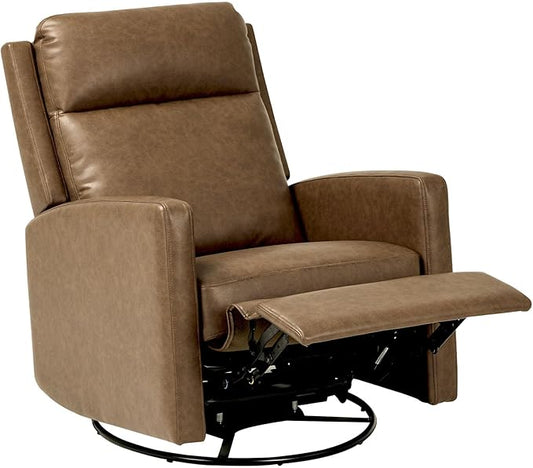 COLAMY Recliner Chair, PU Leather 360° Swivel Rocker Recliner, Nursery Glider Recliner with Ergonomic High Backrest and Upholstered Deep Seat for Living Room, Bedroom, Color Brown