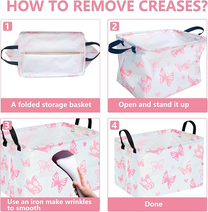 Rectangle Kids Gift Storage Basket Shelf Storage Basket Organizer Box Clothes Laundry Hamper Toys Nursery Basket Baby Laundry Basket with Handles (Pink Butterfly)