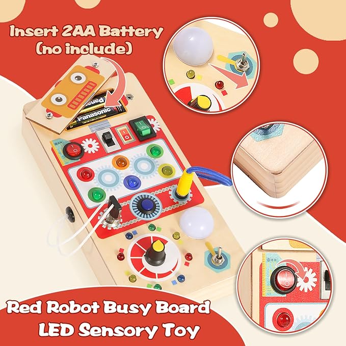 Asweets Montessori Wooden Busy Board Toy for Toddler, Red Robot Sensory Board with 8 LED Shape Light Switches, Travel & Gift Toys for Kids, 3.9''L x 2.0''W x 7.5''H