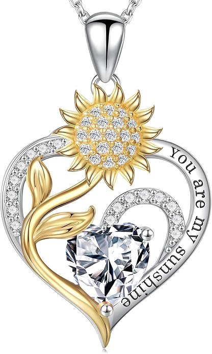 Iefil Sunflower Gifts for Women - Sunflower Necklace Heart Pendant Birthstone Necklace for Women Anniversary Birthday Gifts for Wife You Are My Sunshine 925 Sterling Silver Jewelry for Wife Mom