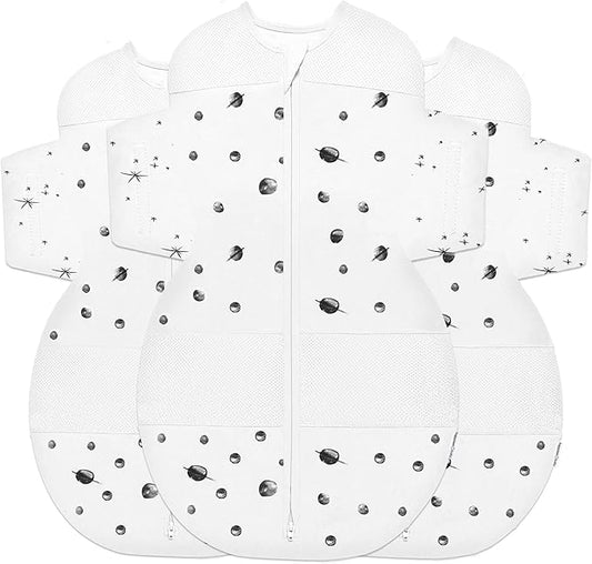 Happiest Baby SNOO Sleep Sack - 100% Organic Cotton Baby Swaddle Blanket - Doctor Designed Promotes Healthy Hip Development - 3-Pack Bundle (Ivory Planets, S, M, L)