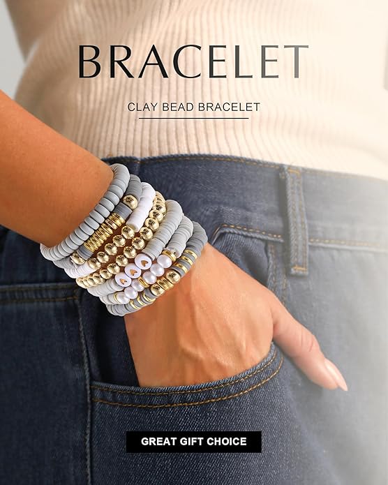 Friendship Bracelets Trendy Heishi Clay Bead Bracelets Stack Gold Beaded Stretch Bracelets for Women Boho Stackable Bracelets Bulk Cute Preppy Jewelry
