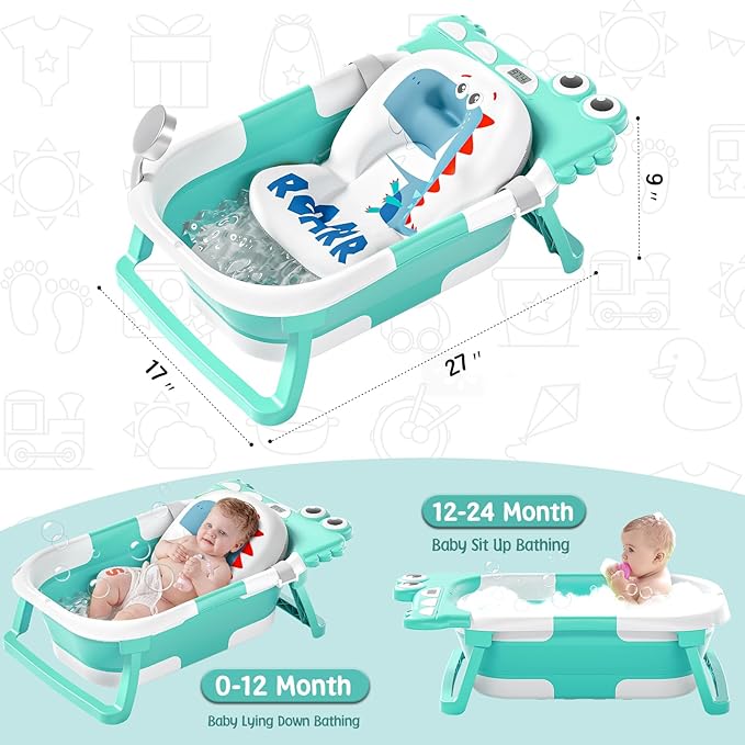 MoreFeel Collapsible Baby Bathtub for Newborn with Thermometer & 1 Hooded Towel & 1 Soft Floating Cushion,Portable Travel Bathtub with Drain Hole, Durable Foldable Baby Tubs for Infants to Toddler