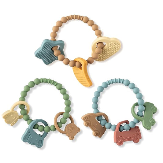 Silicone Babies Teether Toys - 3Pcs Teething Ring with Rattles, Animal Car Themed Infant Toddle Sensory Chew Toys for Newborn Boys and Girls to Soothe Sore Gums Teething Relief, Baby Shower