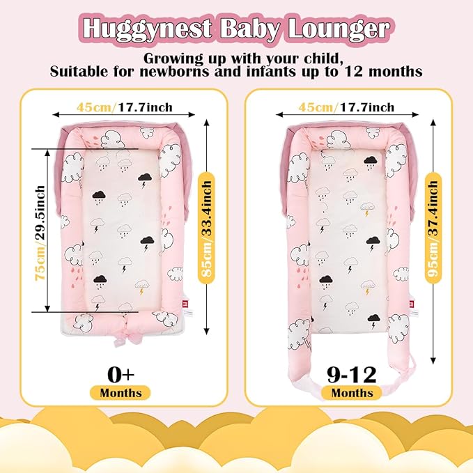 Infant Lounger, Baby Nest for Newborns, Portable Breathable Baby Lounger Adjustable U-Shaped Safety Bumper for Cozy Comfort - Raindrop Cloud