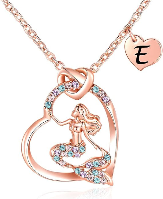 K-Acc 14K Gold-Plated Mermaid Initial Heart Necklace - Gifts for Girls