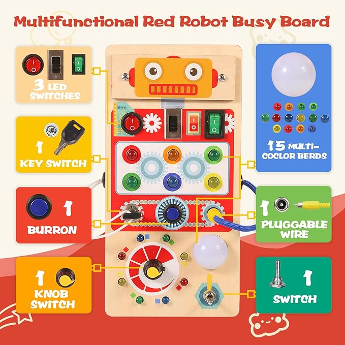 Asweets Montessori Wooden Busy Board Toy for Toddler, Red Robot Sensory Board with 8 LED Shape Light Switches, Travel & Gift Toys for Kids, 3.9''L x 2.0''W x 7.5''H
