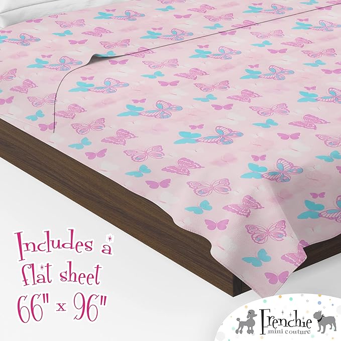 3-Piece Kids Twin Sheets Bedding Set, 100% Woven Cotton, Includes Deep Pocket Bed Sheet (39 x 75 x 15in) + Flat Sheet (66 x 96in) + Pillowcase (20 x 30in) Butterfly