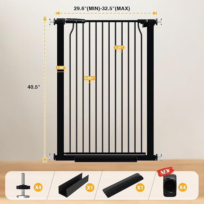 40.5" Tall Baby Gate 29.5-32.6" Wide No Drilling Tall Pet Gate Cat Gate Extra Wide Baby Gate Safety,Extra Narrow Auto-Close for Indoor Stairs, Doorways, and Kitchen