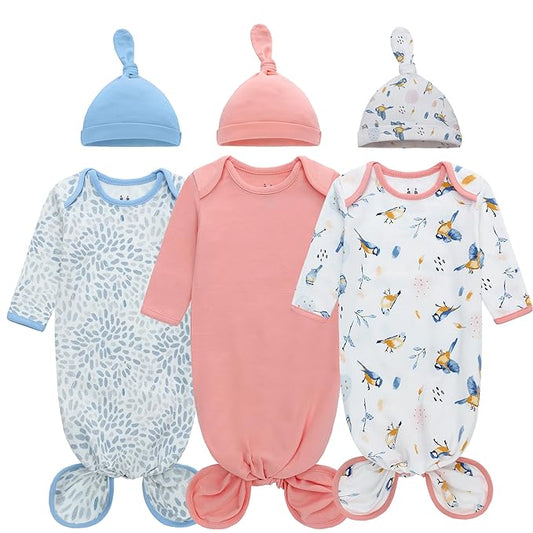 Miracle Baby Newborn Knotted Gown with Hat Set, 3 Pack Newborn Nightgowns, Baby Sleeper Gowns with Mitten Cuffs for Boys Girls 0-6 Months