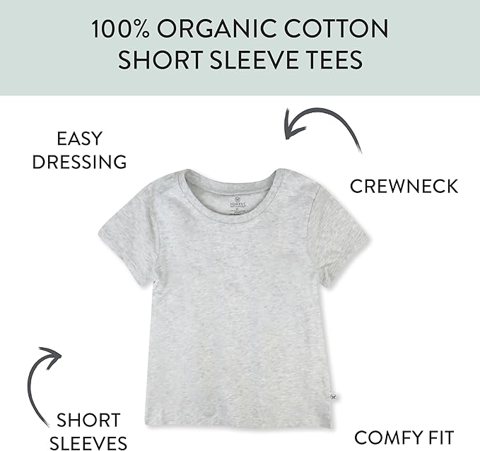 HonestBaby Unisex-Baby 5-Pack Short Sleeve T-Shirts 100% Organic Cotton Baby, Toddler, Little Kid, Boy, Girl, Unisex
