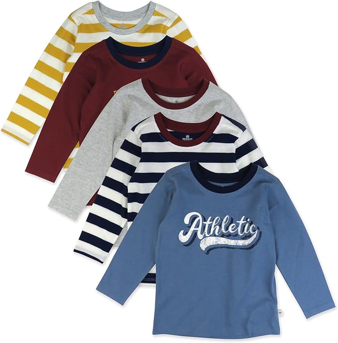 HonestBaby 5-Pack Long Sleeve T Shirts 100% Organic Cotton for Toddler, Little Kids Boys, Girls
