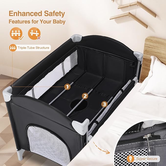 JOYMOR 4 in 1 Pack and Play, Baby Bedside Bassinet, Sturdy Play Yard with Padded Mat and Toy bar with Soft Toys