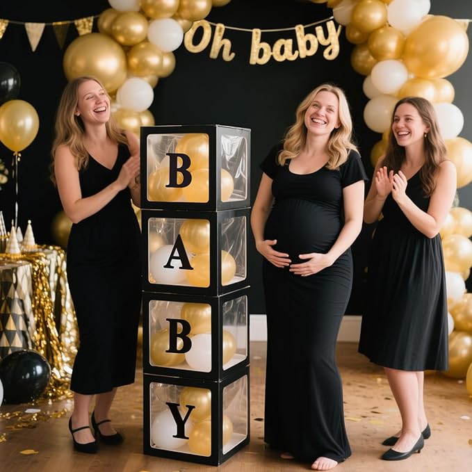 Ledido Baby Boxes with Letters for Baby Shower Decorations with 38 Balloons, 4 pcs Clear Baby Balloon Boxes Blocks for Baby Shower Decor Boy Girl Gender Reveal Decorations Backdrop Party (Black)