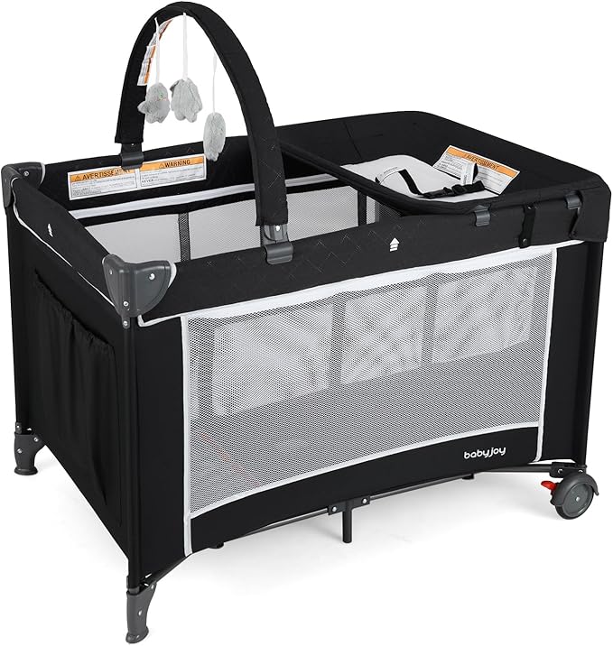 BABY JOY 3 in 1 Pack and Play, Travel Baby Crib Bassinet Bed with Bassinet, Changing Table with Safety Belt, Toy Bar, Lockable Wheels, Portable Baby Playard from Newborn to Toddler