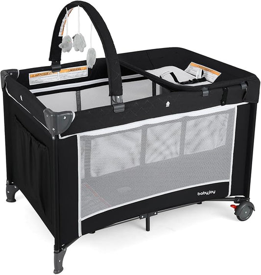 BABY JOY 3 in 1 Pack and Play, Travel Baby Crib Bassinet Bed with Bassinet, Changing Table with Safety Belt, Toy Bar, Lockable Wheels, Portable Baby Playard from Newborn to Toddler
