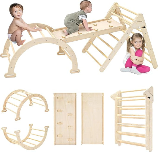 Extra‑Large Montessori Wooden Climbing Triangle Set—Foldable Toddler Gym Triangle, Climbing Ramp & Arch, Indoor Playground for Toddlers 12+ Months