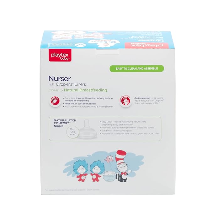 Playtex Baby Dr. Seuss Newborn Gift Set with 5 Nurser Bottles (3X 4Oz, 2X 8Oz), 2 Binky Pacifiers, 60 Drop-Ins Liners & Bib, Bottles for Newborn and Breastfeeding Babies, Feeding Essentials