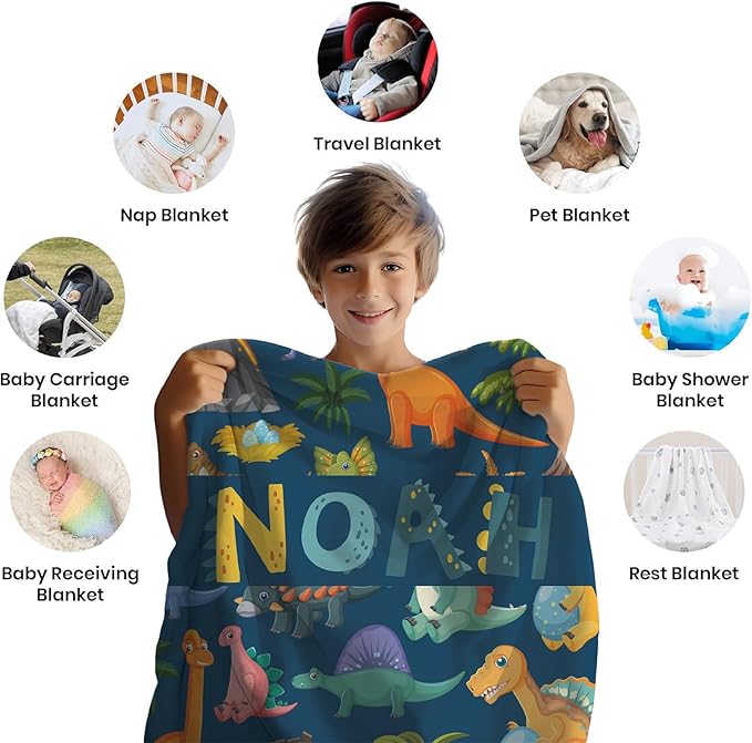 Personalized Dinosaur Baby Blanket with Name, Custom Easter Blanket for Boys, Girls & Kids, Soft Newborn