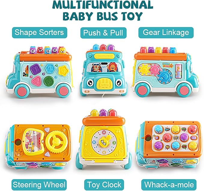 Music Activity Bus Baby Toy, Infant Education Learn Car, Sound & Light, Interactive Game, Shape Sorter, Animal Matching, Holiday Birthday Present for Toddler Kid Boy Girl 3 4 5 6 7 Years (Blue)