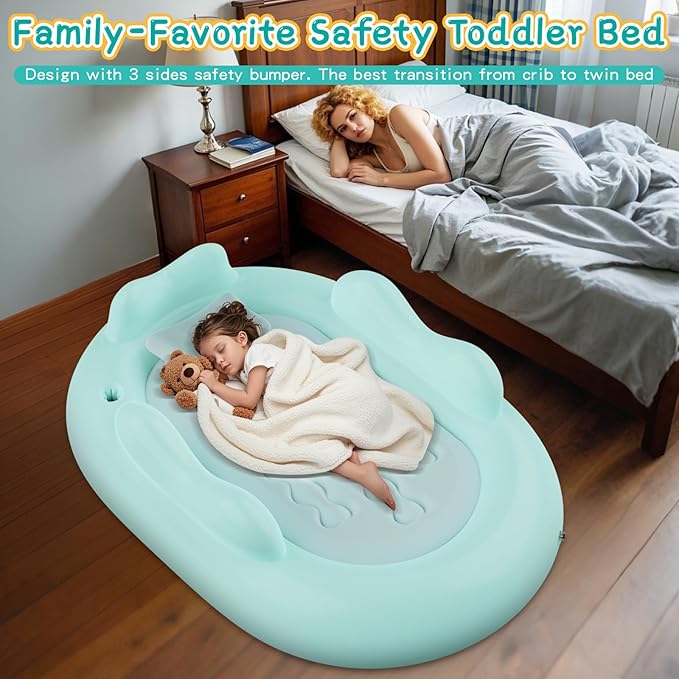 Inflatable Toddler Travel Bed - Blow Up Mattress for Kids with Waterproof Sheet Protector Portable Toddler Bed Baby Air Mattress with 3 Sides, Cozy Kids Air Mattress Set with High-Speed Pump