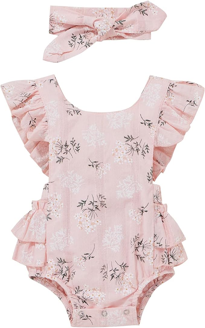 Baby Girls Floral Cotton Leotard Romper Newborn Daisy Playsuits Ruffled Sleeve Onesie Infant Jumpsuit Clothes Headband