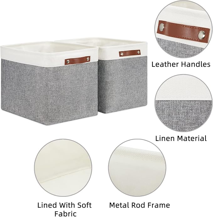 HNZIGE Large Fabric Storage Baskets Bins for Organizing [2 Pack] Foldable Storage Bin Tall Baskets for Shelves 16" X 11.8" X 11.8" Canvas Rectangular Decorative Storage Bins for Closet(Gray&White)