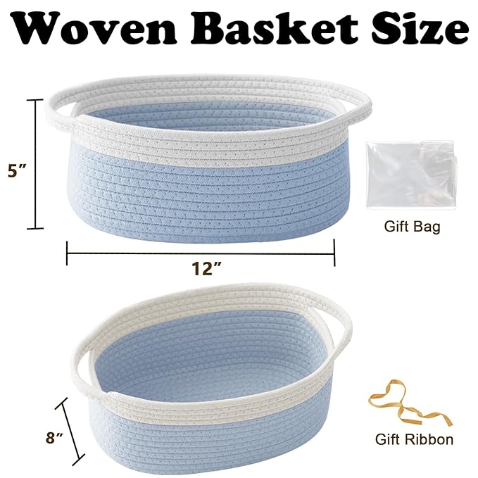 Gift Basket with Gift Bag and Ribbons,Small Rope Woven Shelf Storage,Baskets for Gifts Empty,Birthday,Shower,Decorative Organizer Box for Cat Dog Pet with Handles(White&Blue)