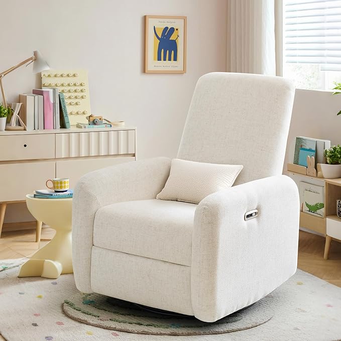 Nursery Rocking Chairs, 270° Large Power Swivel Glider Rocker Recliner w/USB & Type-C Charging Port, Rotating Rocking Reclining Nursing Chair for Breastfeeding, Living Room,Bedroom,Beige