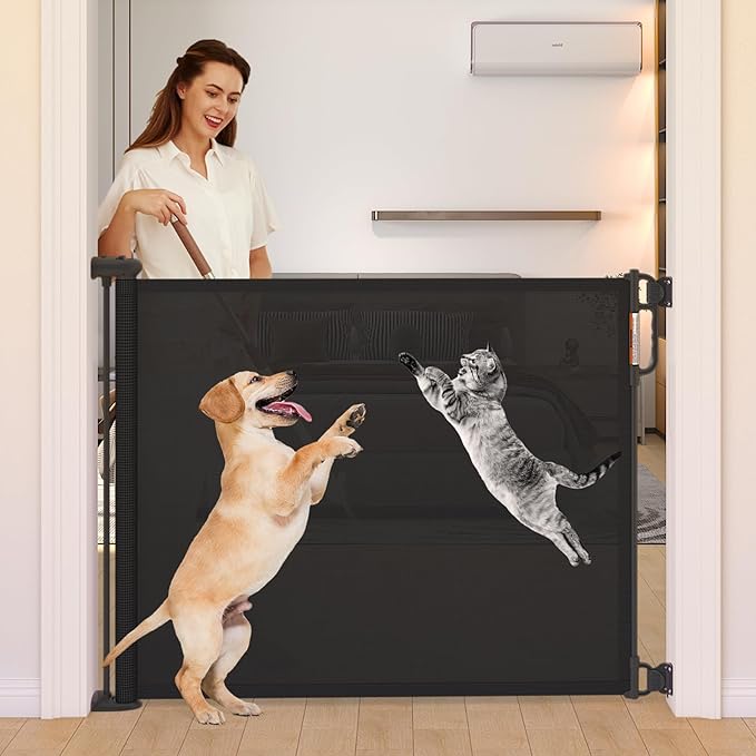 Retractable Baby Gate, Momcozy Extra Wide Mesh Baby Gates for Stairs, 41" Tall, Extends to 71" Wide, Black, Pet Dog Gate for Doorways, Stairs, Hallways, Indoor/Outdoor