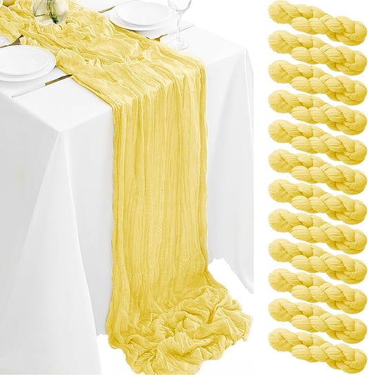 12Pack Light Yellow Cheesecloth Table Runner 35x120Inch Spring Easter Cheese Cloth Table Runner 10FT Boho Gauze Table Runners Rustic Sheer Table Runners for Wedding Bridal Baby Shower Party Decor