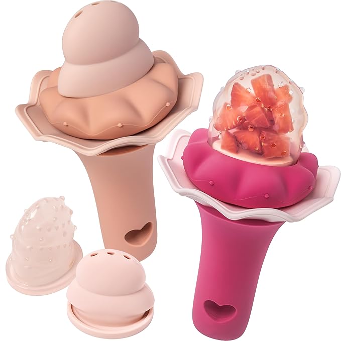 Moonkie Baby Fruit Feeder, BPA Free Silicone Food Feeder for Infant Self Feeding, Baby Shower Gifts for Teething Relief, Baby Feeding Essentials 4 Months+, Two Pouches, 2 Pack