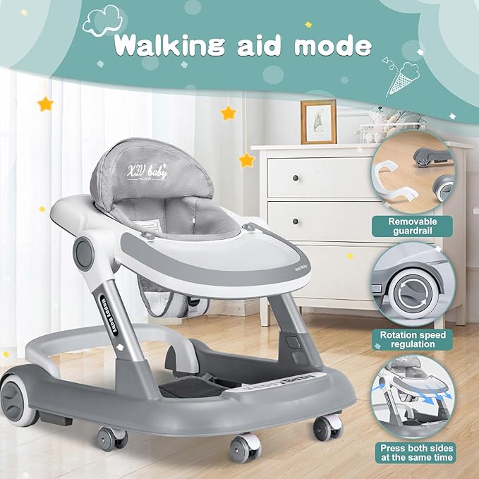 Baby Walker with Wheels 4 in 1 Foldable Activity Center with Mute Wheels Adjustable Heights Anti-Fall Activity Center for Boys Girls Safe Infant Toddler Walker with Footrest for 6-24 Months