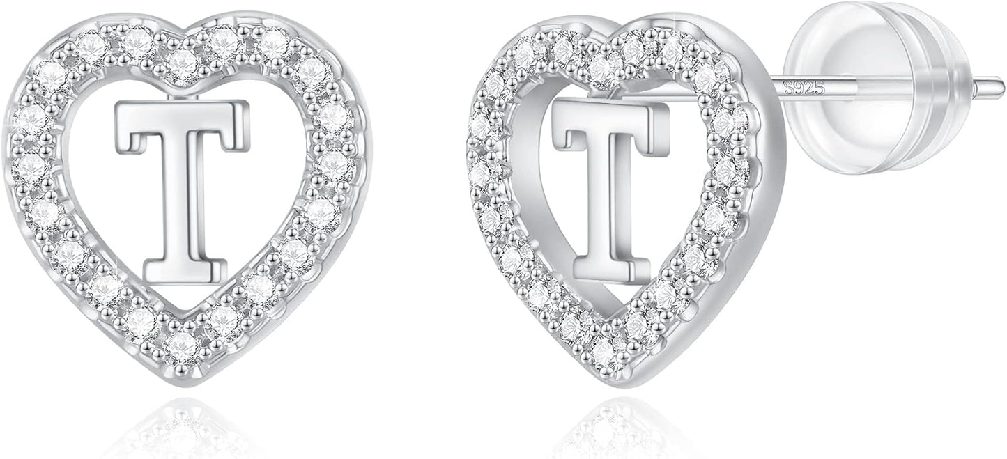 Initial Heart Earrings for Girls, Sterling Silver Post Silver/Rose Gold Heart Initial Stud Earrings for Little Girls Kids Baby Earrings Non Tarnish Hypoallergenic Earrings for Teen Girls Gifts Jewelry