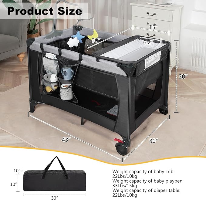 Pack and Play with Changing Table & Carry Bag, 4-in-1 Portable Crib Playpen for Newborn to Toddler, ASTM Certified Foldable Travel Crib with Bassinet(A-Black)