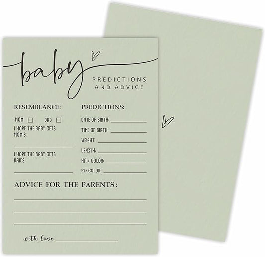 Sage Green Baby Shower Game Cards - Advice & Predictions, Double-Sided Design, 30 Gender Neutral Cards for Shower Party, Announcement, Advice for Parents, Party Favor & Decor - C01