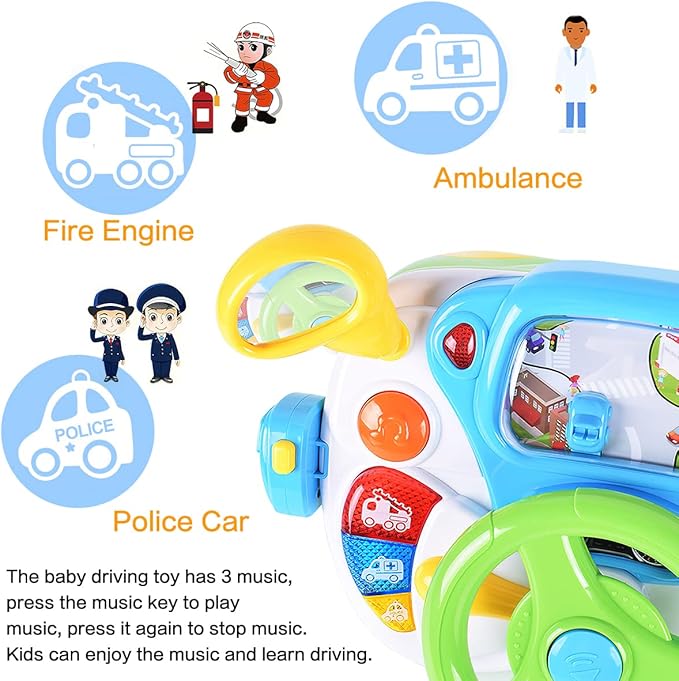 fisca Toddler Steering Wheel Toy Baby Interactive Learning Toy for Toddler 1-3 Year Old, My First Driving Educational Baby Musical Toys with Light and Sound for Preschool Kids