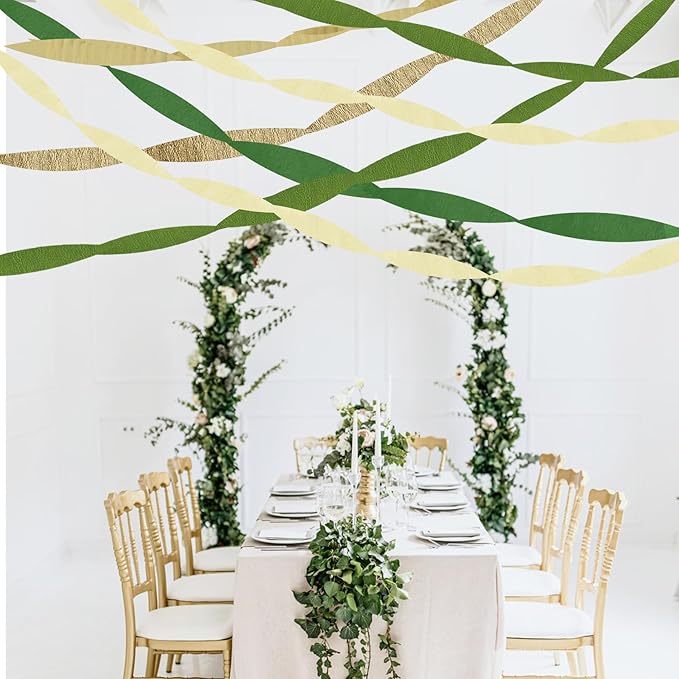 Green Gold Crepe Paper Streamers Party Decorations (5 Rolls) for Birthday, Camp Bachelorette, Baby Shower, Wedding, Bridal Shower, Jungle Safari Woodland Theme Party, Hanging Classroom Décor