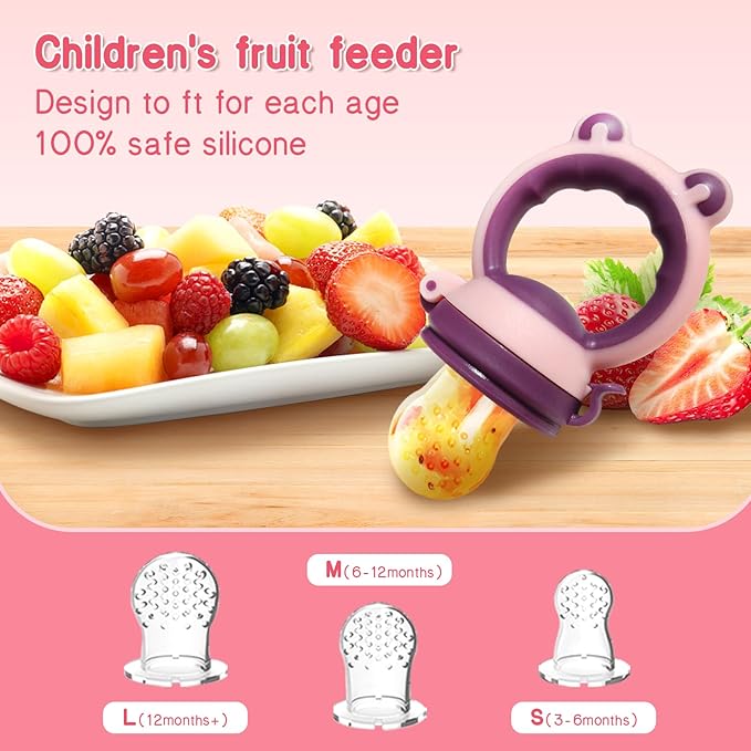 Baby Fruit Food Feeder Pacifier - Fresh Food Feeder, Infant Fruit Teething Teether Toy for 3-24 Months, 3 Pcs Silicone Pouches for Toddlers & Kids & Babies, 2-Pack (Purple Pink)