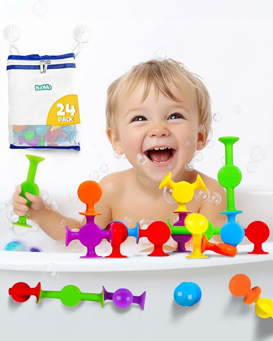 BUNMO Bath Toys Suction - Connect, Build, Create - Toddler Bath Toys - Hours of Fun & Creativity - Fine Motor Skills - Stimulating Sensory Toys - Non-Mouthable Toy 3+ - Smooth 24 Pack