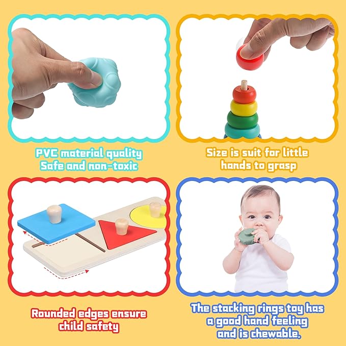 Montessori Toys for Babies 6-12 Months,1 Year Old,8 in 1 Learning Educational Set Wooden Sensory Toys for Baby Toys 12-18 Months (Includes Tissue Box Toy,Rainmaker and More)