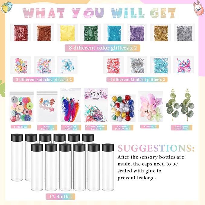 12 Pcs Sensory Bottles Kits for Kids 400 ml Plastic Bottles with Lids Glitter Sequins Accessories Seasons Containers for Relieving Toddlers 1-3 Kids Calm Down Anxiety Disturbed