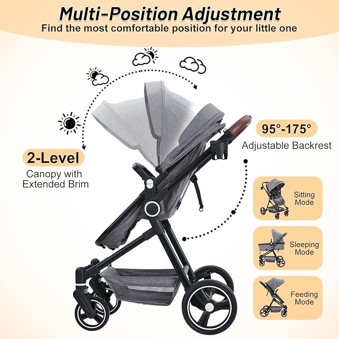 2 in 1 Baby Stroller for Toddler 0-3, Bassinet Stroller for Toddler with Large Storage Basket, Shock Absorbing，Stroller for Newborn with Removable Seat, Cup Holder，Stroller That Converts to Bassinet