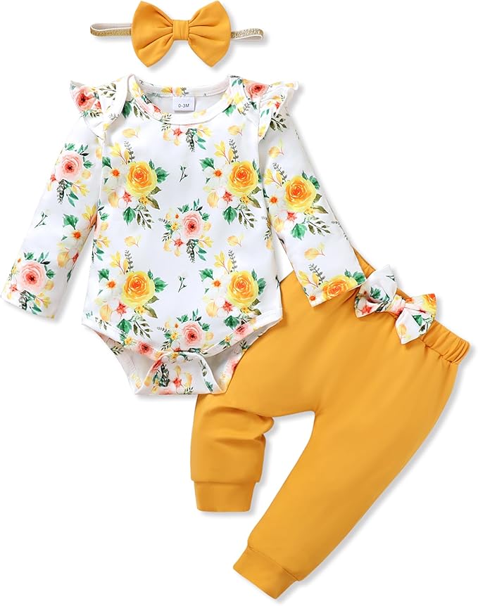 YALLET Baby Girl Clothes Newborn Infant Girl Outfits Floral Romper+Pants+Headband Fall Baby Layettes for Clothing 0-18 Months