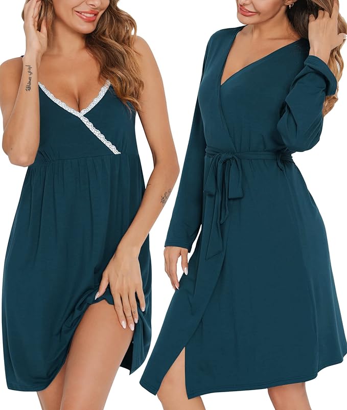 SWOMOG Womens Maternity Robe 2 Piece Nursing Nightgown for Breastfeeding 3 in 1 Labor Delivery Nursing Dress Lace Bathrobe