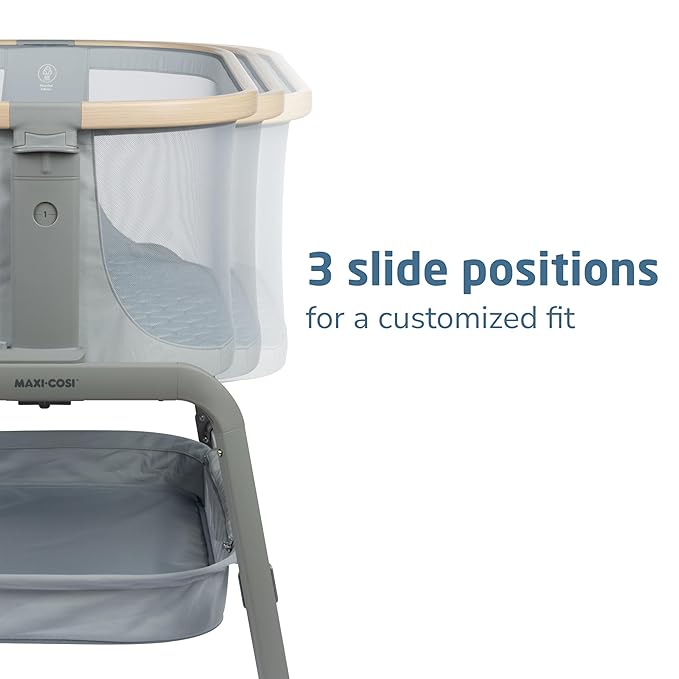 Maxi-Cosi Iora Baby Bassinets Bedside Sleeper, Portable Bassinet, Infant Bedside Sleeper Crib, Height Adjustable, Breathable Mesh, Large Storage Basket, Classic Slate