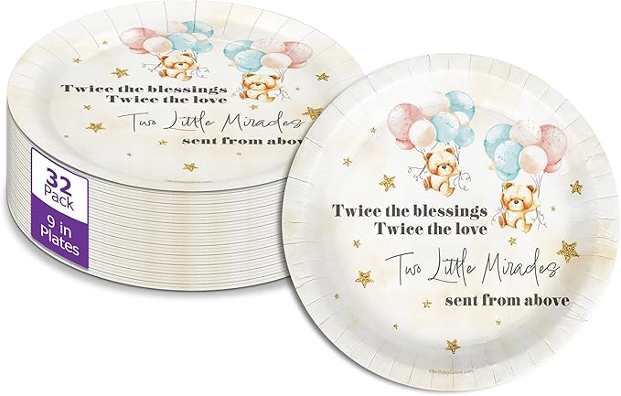 Birthday Galore Twin Teddy Bear Baby Shower - 32 Piece Disposable Party Supplies - Twins Baby Shower Decorations - Round Party Plates - Large 9 Inch Paper Plates In Bulk