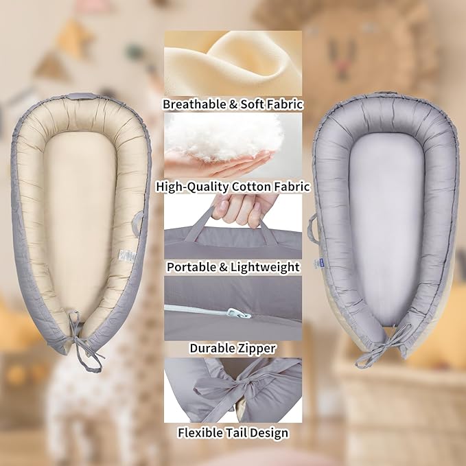 Baby Lounger, Baby Nest Cover for Baby, Reversible & Breathable Cotton, Adjustable Baby Floor Seat for Tummy Time, Portable Infant Lounger, Essentials for Newborns (Gray)