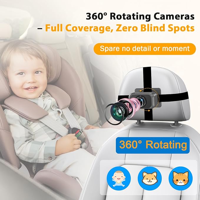 Baby Car Camera for 2 Kids - 7-Inch Split-Screen Monitor, Dual HD 1080P Cameras, Night Vision, 360° Rotatable, Easy Install Backseat Camera for Safety & Convenience - Perfect for Twins or Siblings